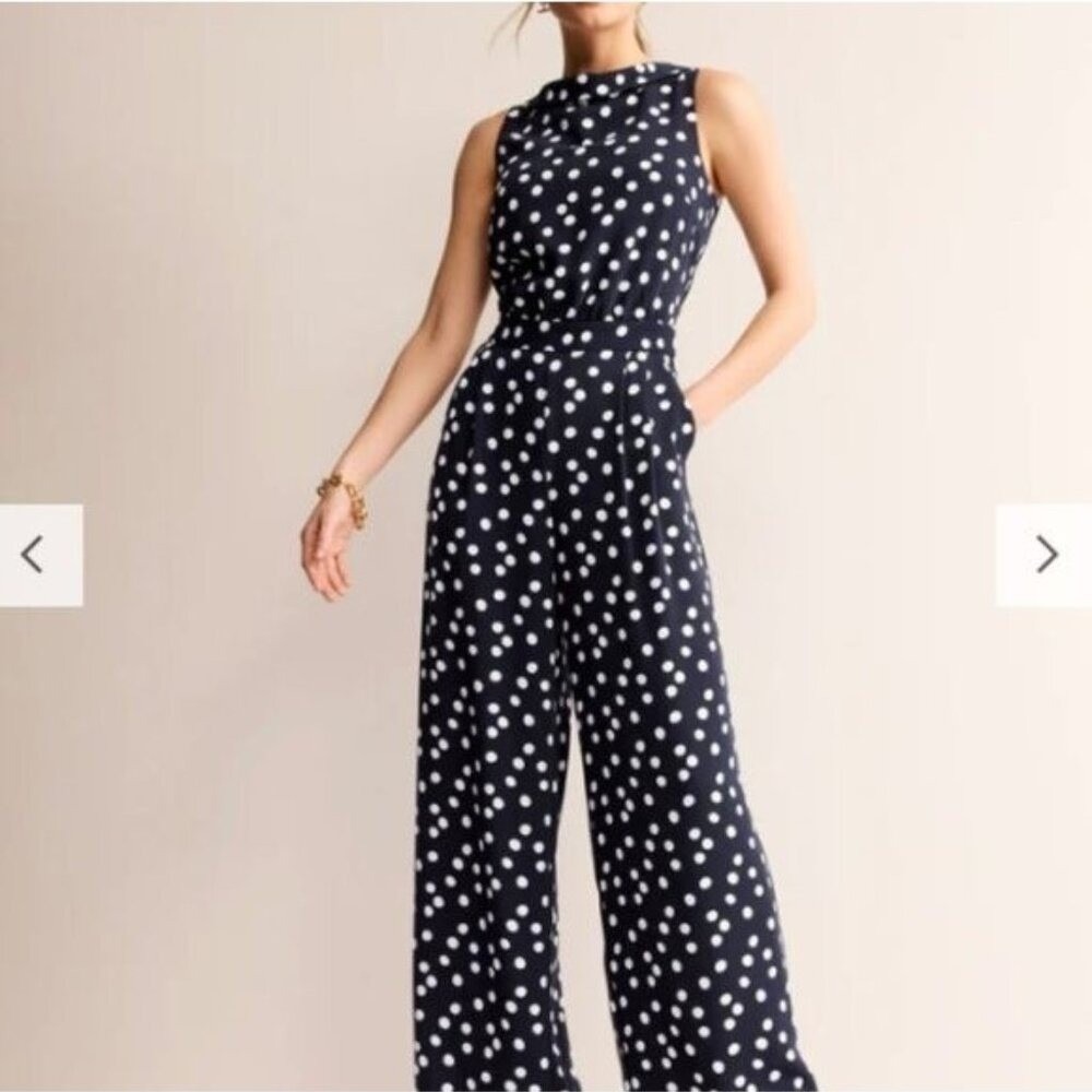 Boden Clarissa Navy Polka Dot Wide Leg Jumpsuit Sleeveless Boat Neck | 16 - 18T - Picture 2 of 16